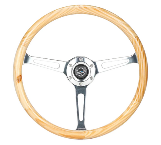 Reinforced Classic Light Wood Grain Wheel, 380mm, 3 spoke center in shinny chrome with slits