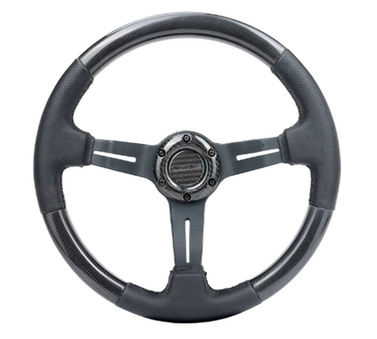 CARBON FIBER STEERING WHEEL W/ LEATHER ACCENT 350mm 1.5" DEEP BLACK STICHING