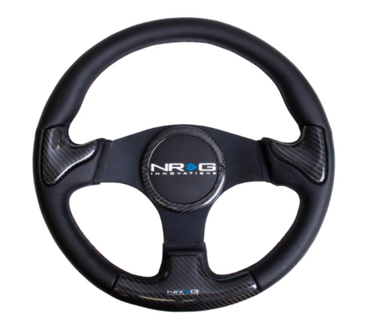 CARBON FIBER STEERING WHEEL 350mm Blk frame blk stitching w/ RUBBER COVER HORN BUTTON